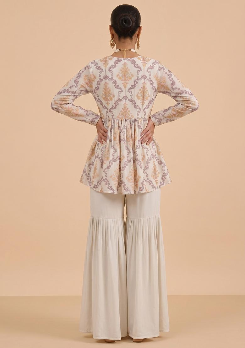 Cream Embroidered Georgette Sharara Set - Indya