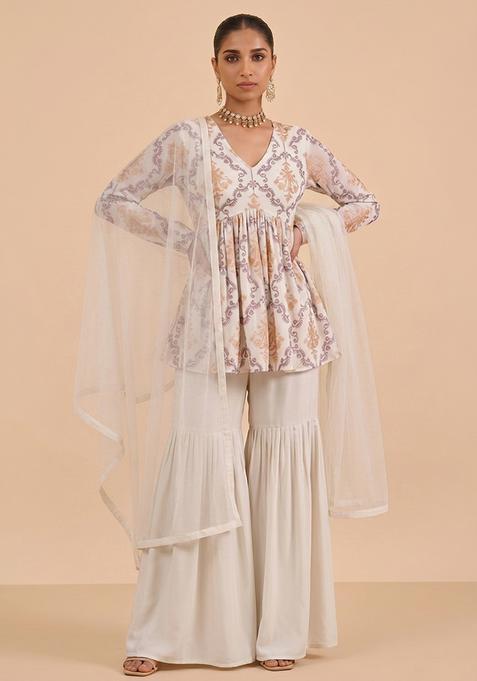 Off White Embroidered Georgette Sharara Set