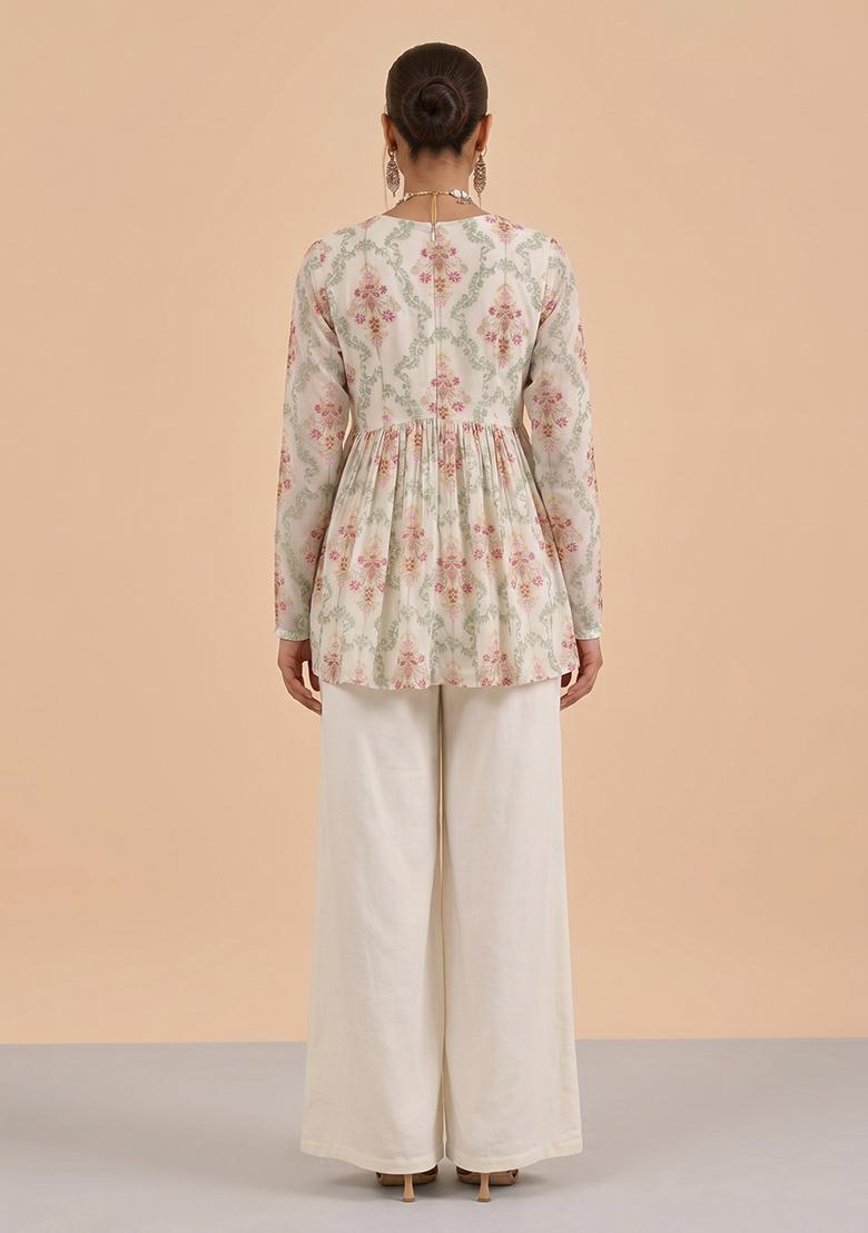 Off White Embroidered Georgette Sharara Set - Indya