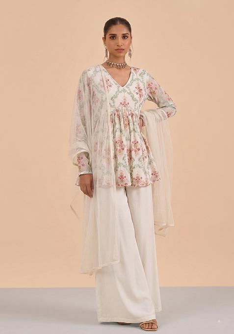 Off White Embroidered Georgette Sharara Set