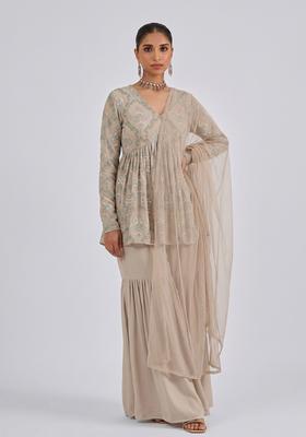 Beige Embroidered Georgette Sharara Set