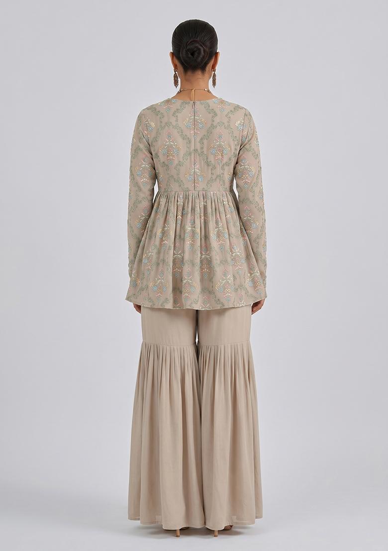 Beige Embroidered Georgette Sharara Set - Indya