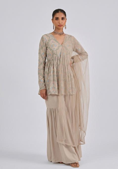 Beige Embroidered Georgette Sharara Set