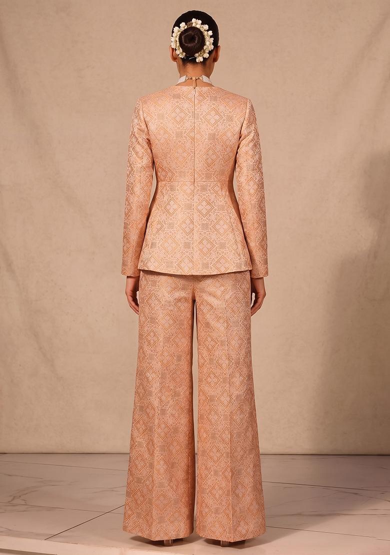 Peach Jacquard Jacquard Brocade Fusion Set - Indya