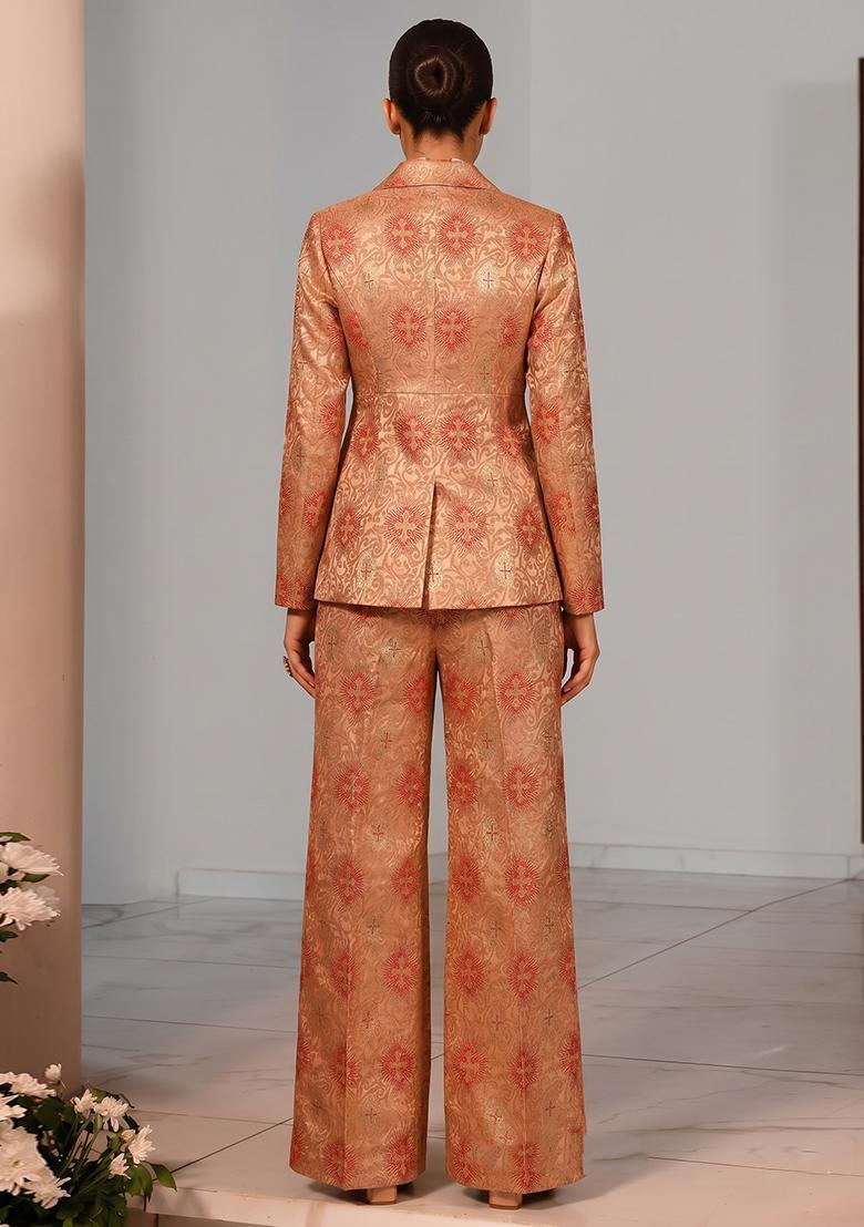 Peach Jacquard Jacquard Brocade Fusion Set - Indya
