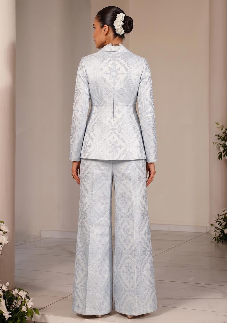 Sky Blue Jacquard Jacquard Brocade Fusion Set - Indya