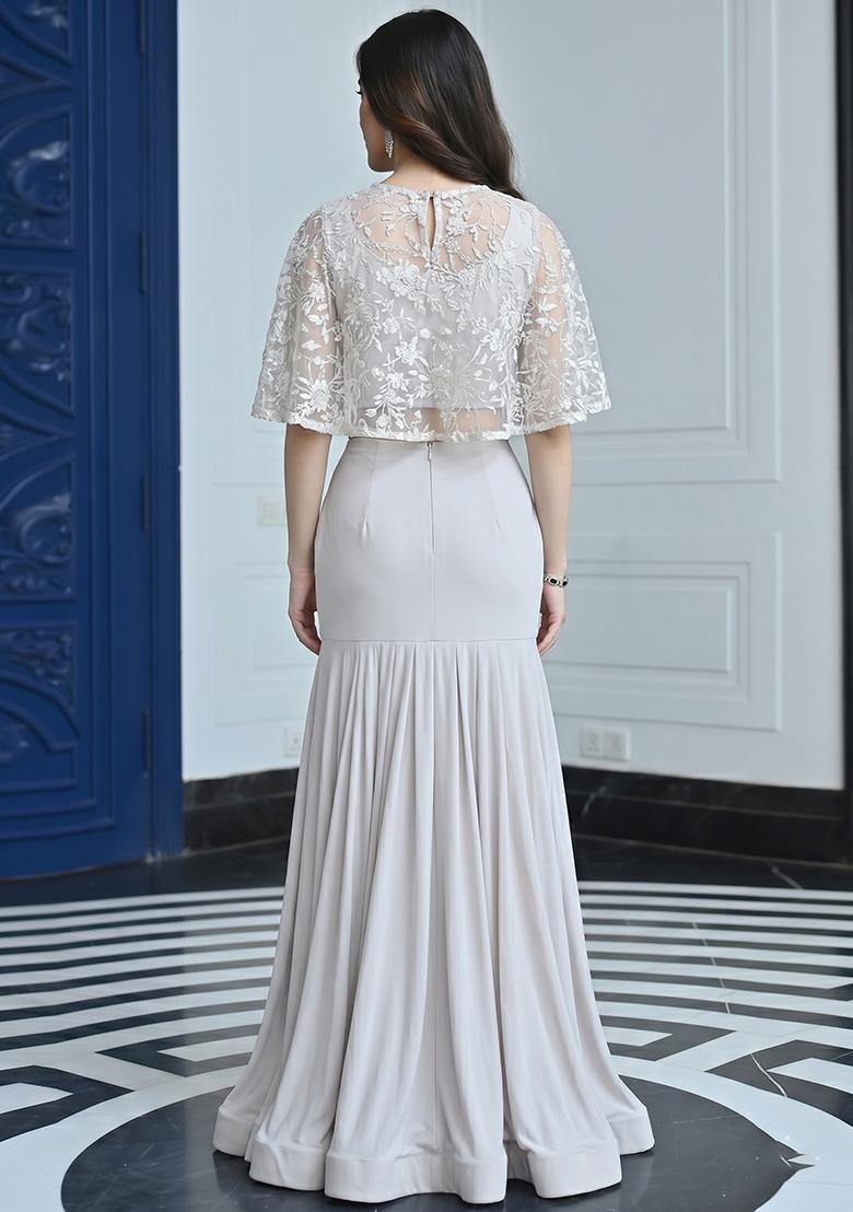Off White Lace Work Net Fusion Set - Indya