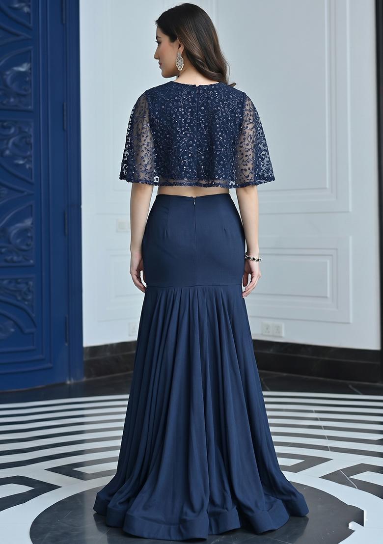 Navy Blue Lace Work Net Fusion Set - Indya