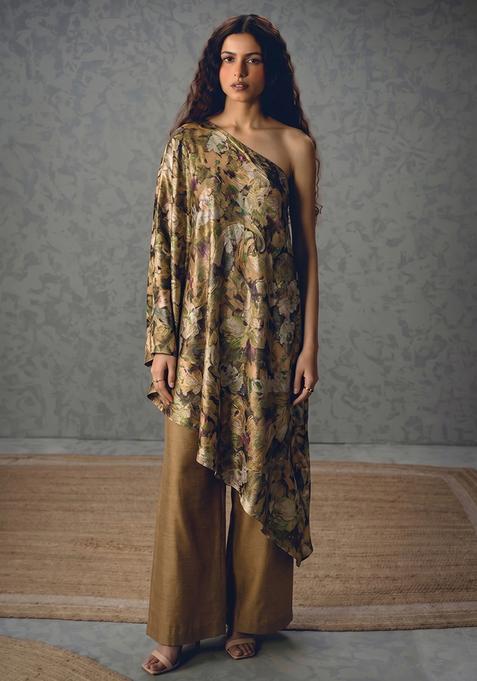 Bronze Floral Print Silk Blend Fusion Set