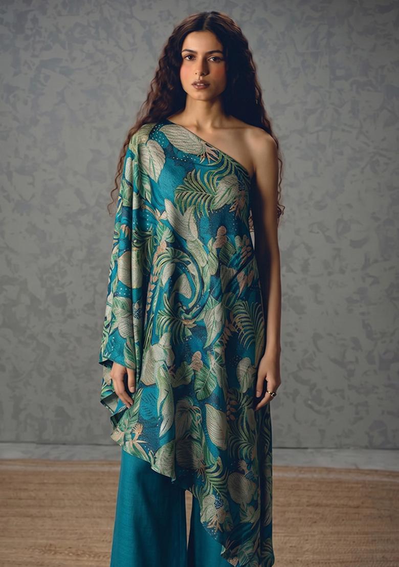 Teal Printed Tissue Fusion Set - Indya
