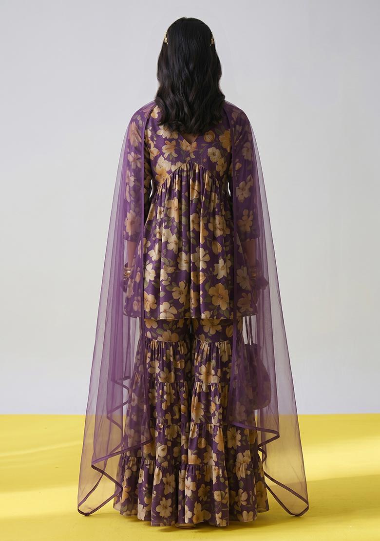 Purple Printed Tissue Sharara Set - Indya
