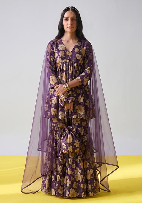 Purple Floral Print Silk Blend Sharara Set