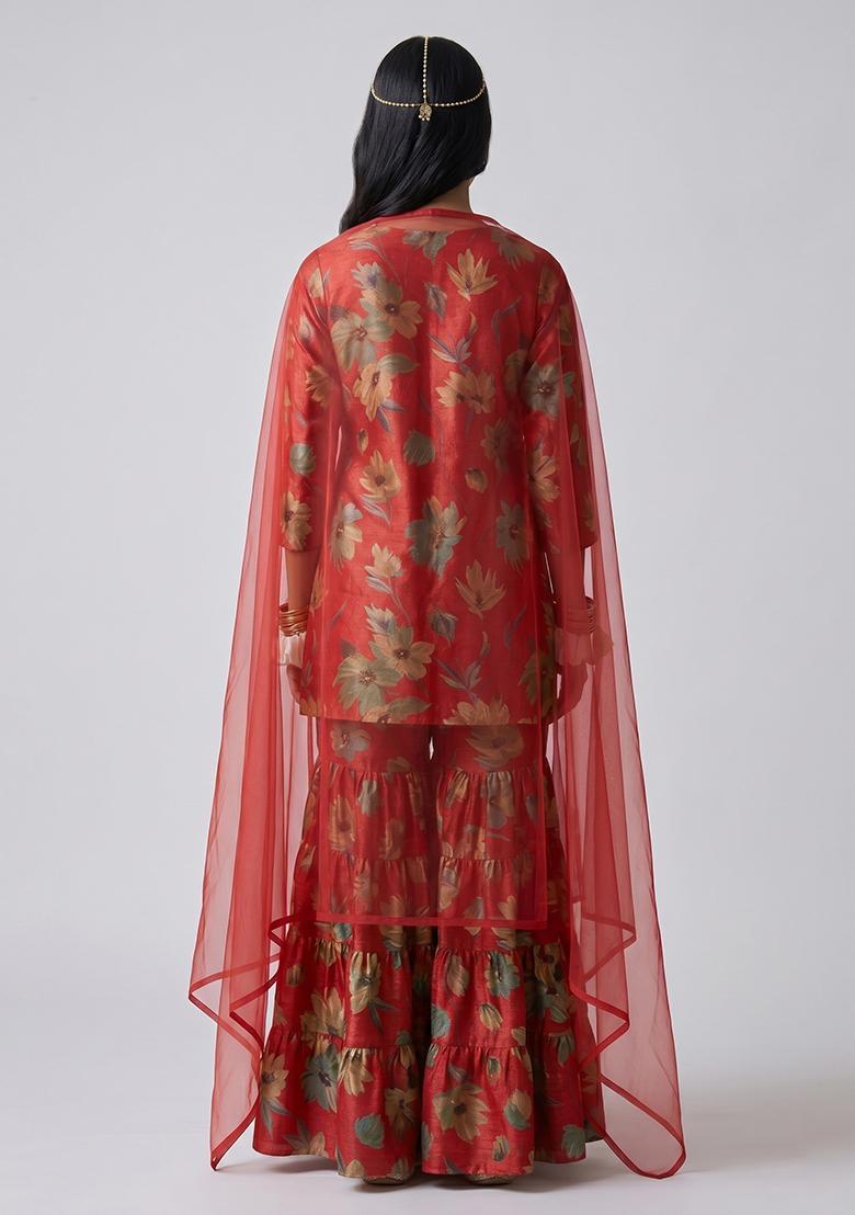 Red Printed Tissue Sharara Set - Indya