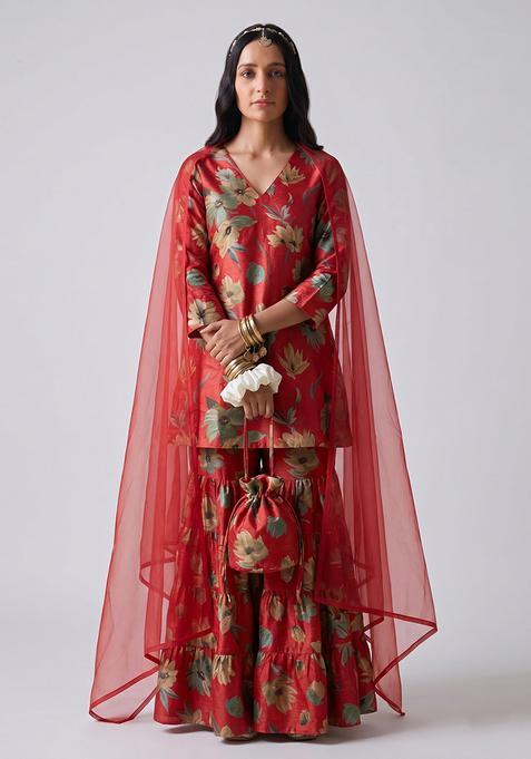 Red Floral Print Silk Blend Sharara Set