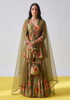 Olive Green Printed Tissue Sharara Set