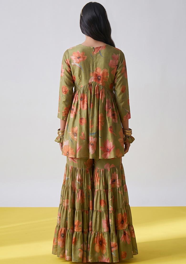 Olive Green Printed Tissue Sharara Set - Indya