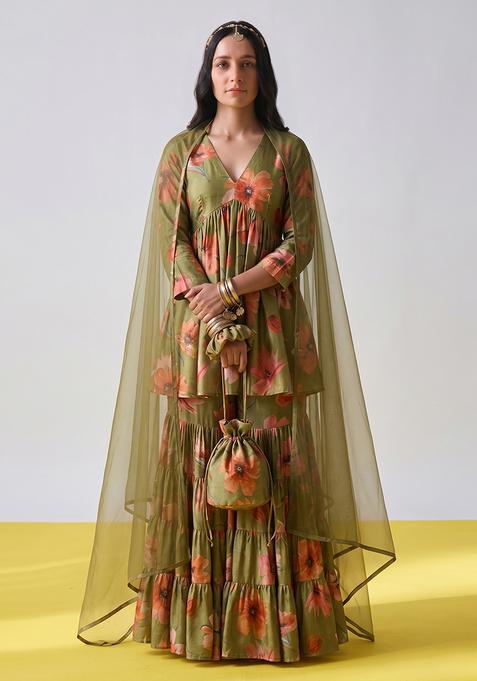 Olive Green Floral Print Silk Blend Sharara Set