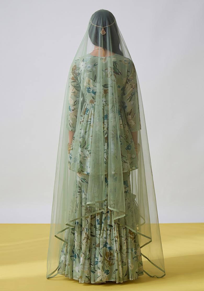 Olive Green Printed Tissue Sharara Set - Indya
