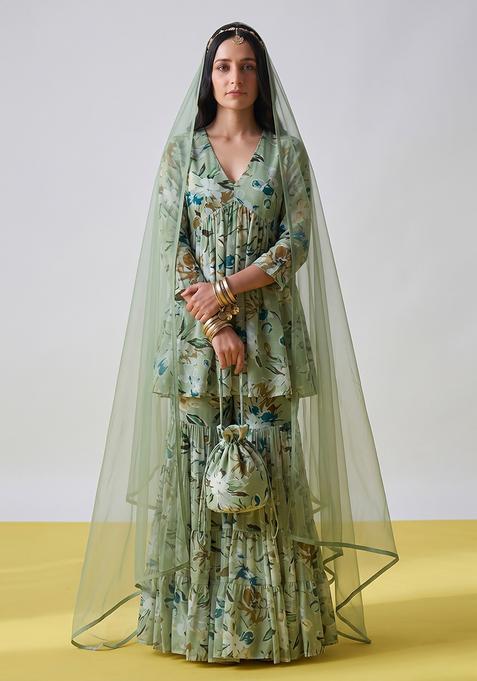 Olive Green Printed Tissue Sharara Set