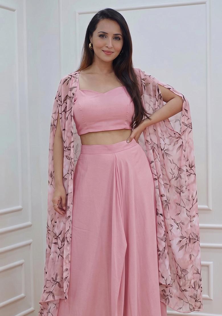 Baby Pink Printed Poly Blend Fusion Set - Indya