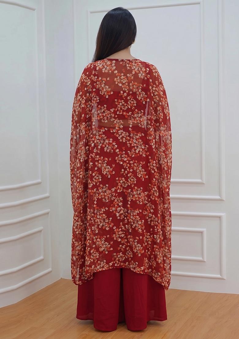 Maroon Printed Georgette Fusion Set - Indya