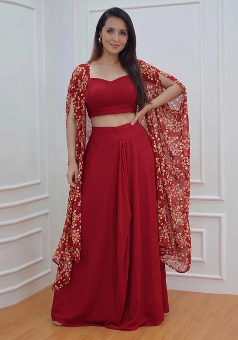 Maroon Solid Crepe Fusion Set