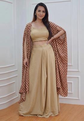 Beige Printed Muslin Fusion Set