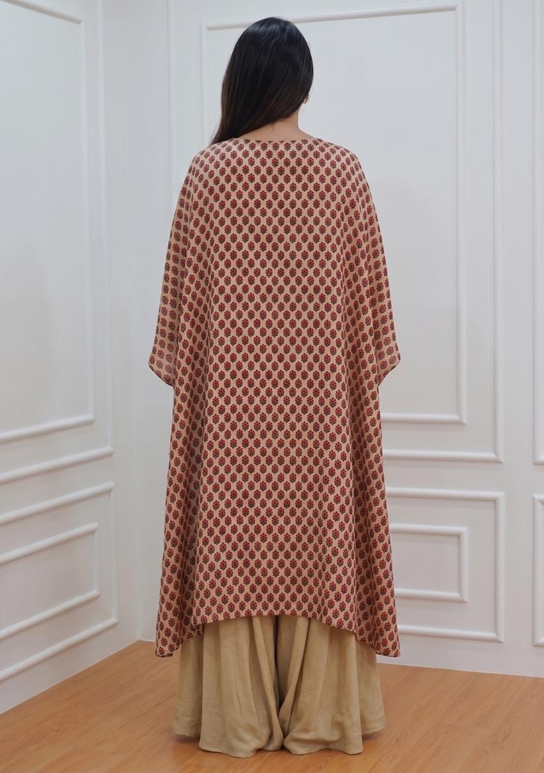 Beige Printed Muslin Fusion Set - Indya