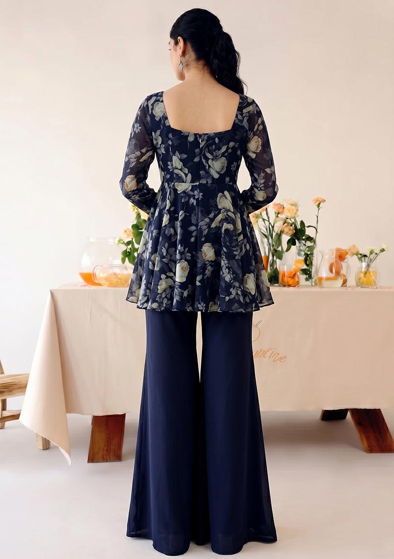 Navy Blue Printed Chiffon Fusion Set - Indya