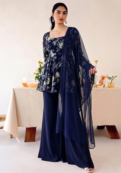 Navy Blue Floral Print Georgette Fusion Set