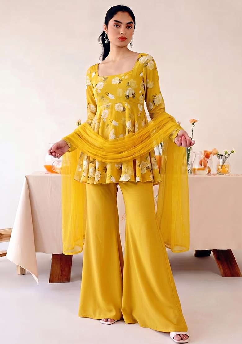 Mustard Printed Poly Blend Fusion Set - Indya