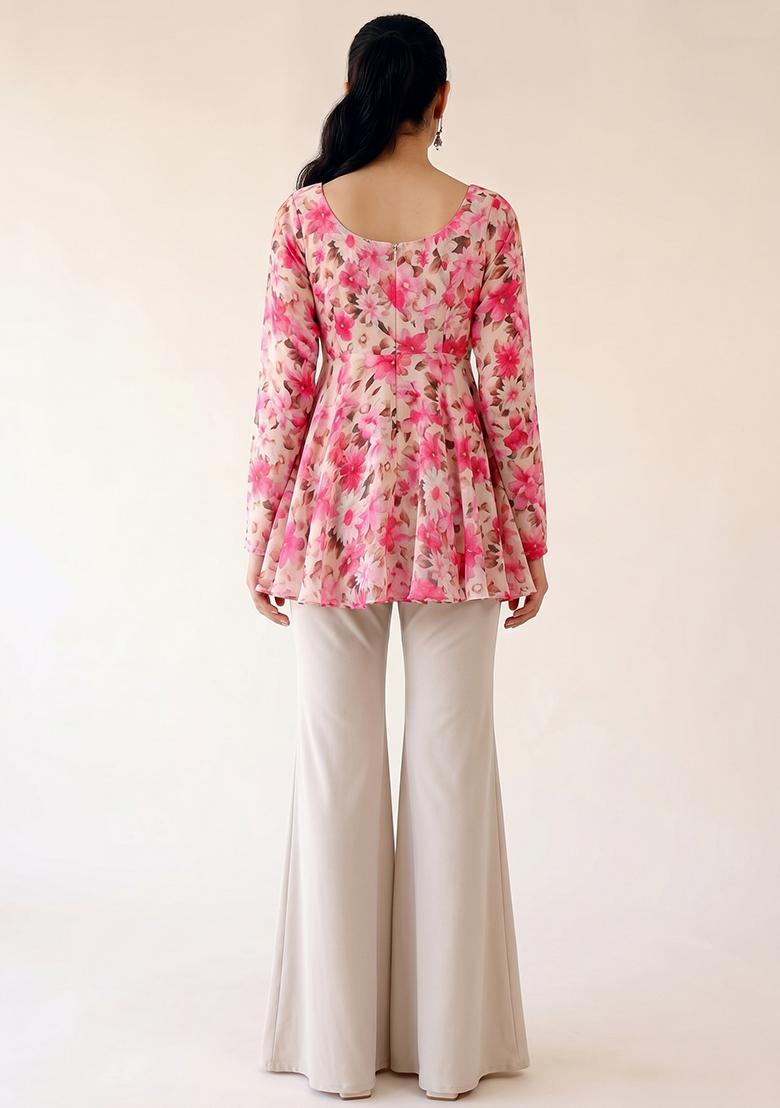 Rani Pink Printed Chiffon Fusion Set - Indya