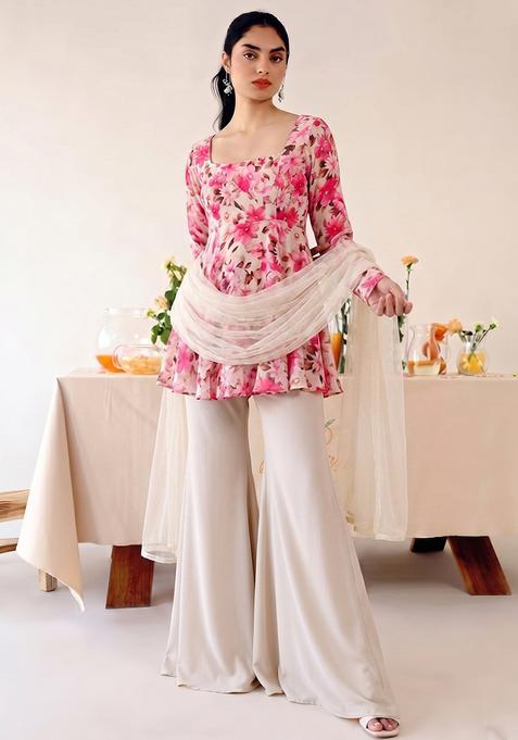 Rani Pink Printed Chiffon Fusion Set