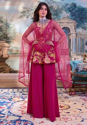 Rani Pink Embroidered Silk Fusion Set