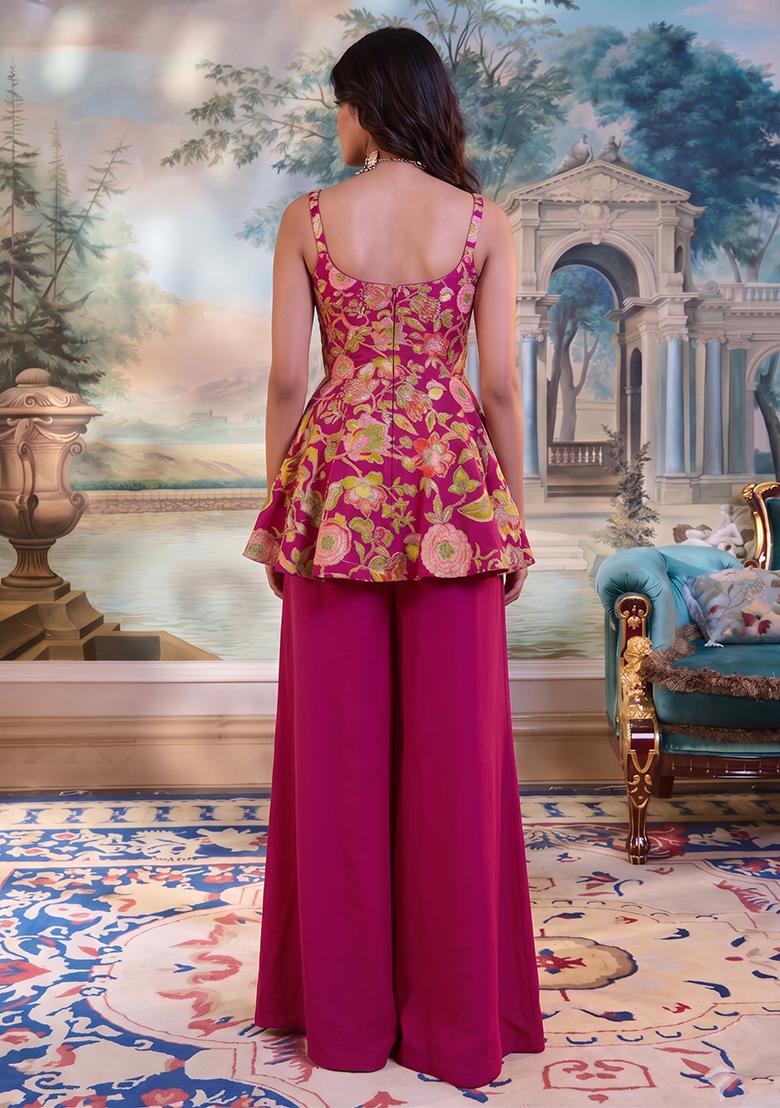 Rani Pink Embroidered Silk Fusion Set - Indya
