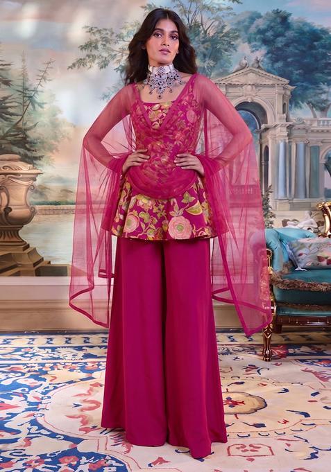 Rani Pink Embroidered Silk Blend Fusion Set