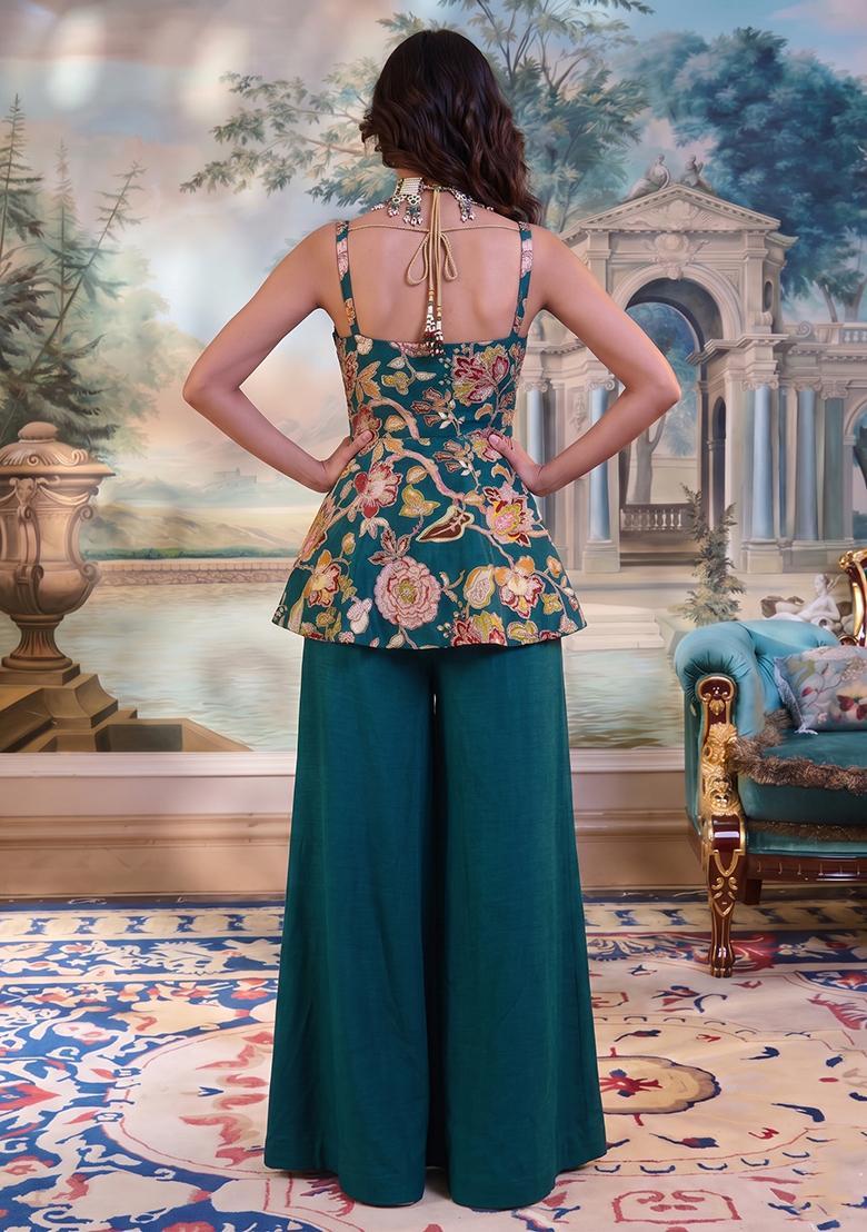 Bottle Green Printed Silk Fusion Set - Indya