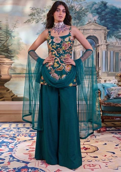 Bottle Green Floral Print Silk Blend Fusion Set