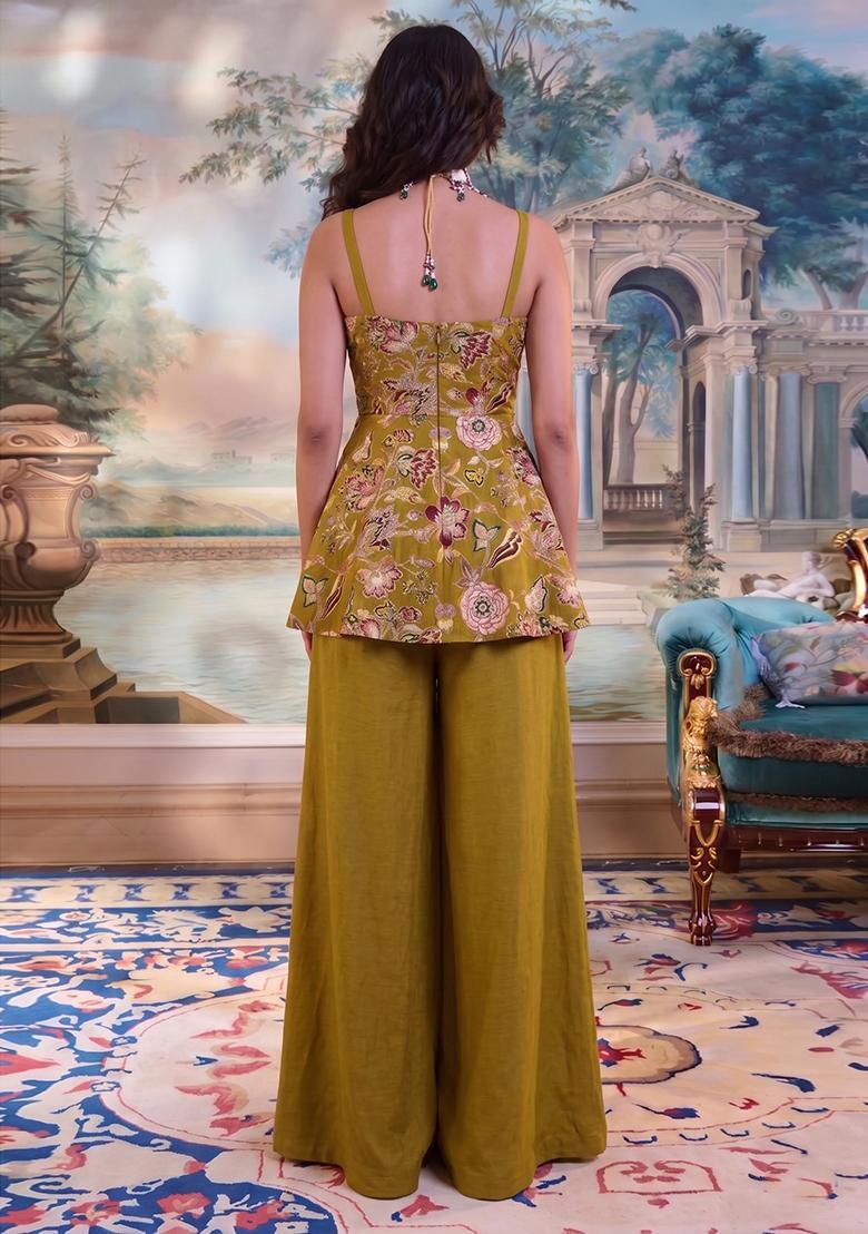 Olive Green Embroidered Silk Fusion Set - Indya