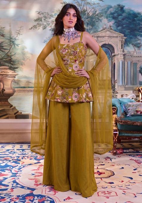 Olive Green Embroidered Silk Blend Fusion Set