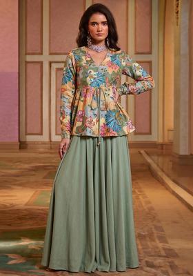 Olive Green Printed Silk Fusion Set