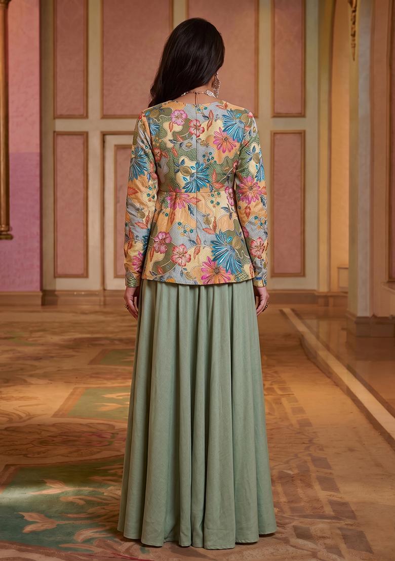 Olive Green Printed Silk Fusion Set - Indya