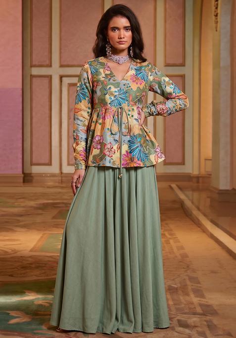 Olive Green Floral Print Silk Blend Fusion Set