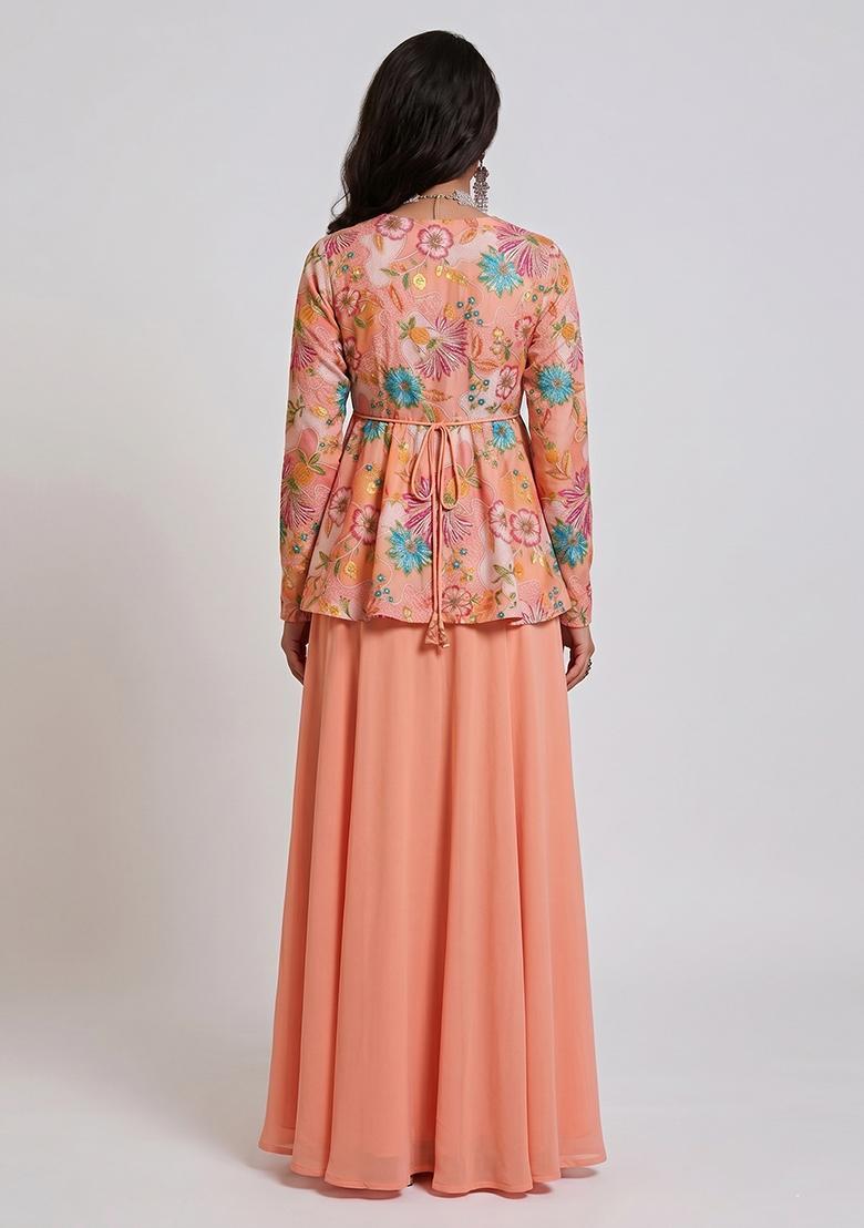 Peach Embroidered Silk Fusion Set - Indya