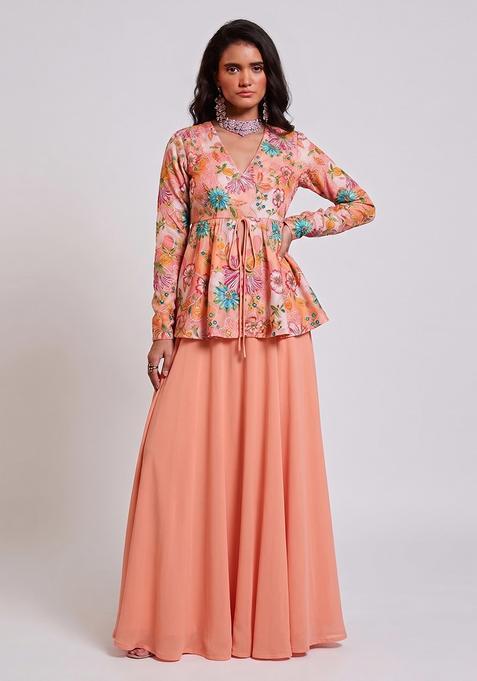 Peach Embroidered Silk Blend Fusion Set