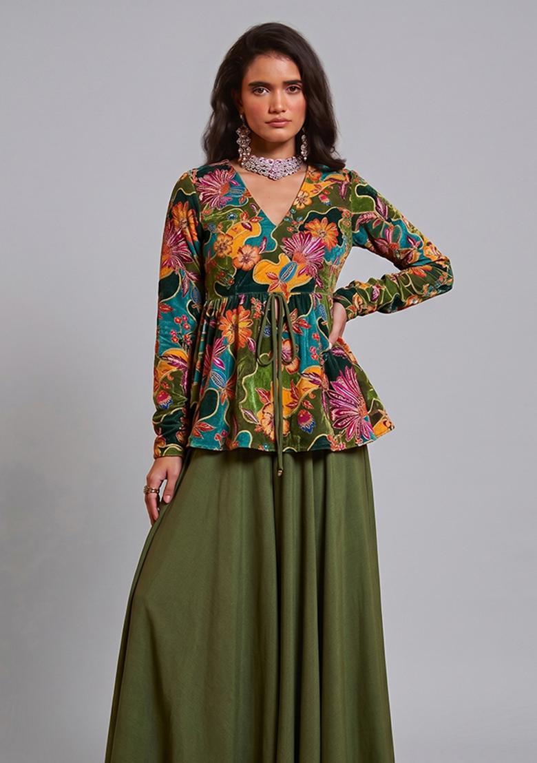 Olive Green Embroidered Silk Fusion Set - Indya