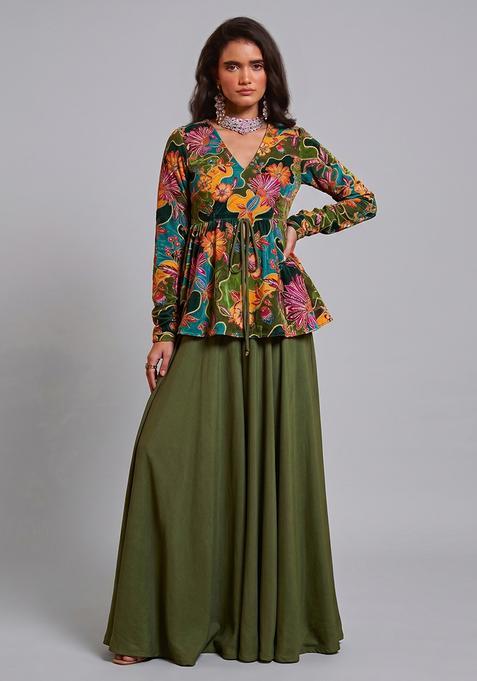 Olive Green Embroidered Silk Fusion Set