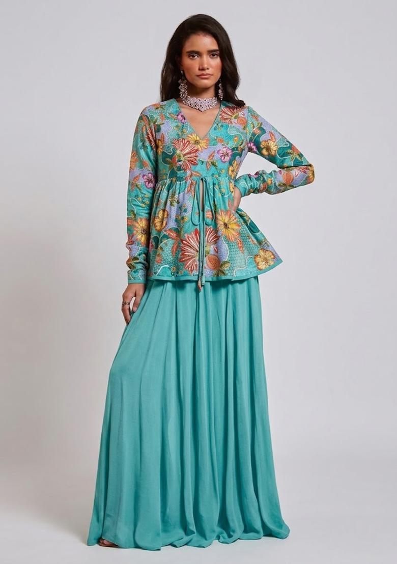 Teal Printed Silk Fusion Set - Indya
