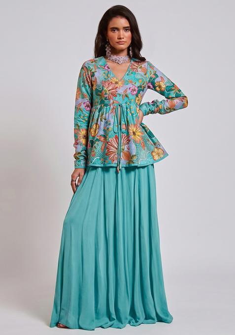 Teal Floral Print Silk Blend Fusion Set