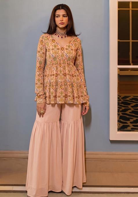 Peach Printed Silk Blend Sharara Set